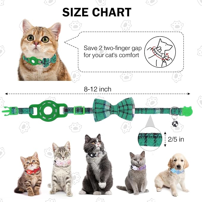 Airtag Cat Collar Breakaway with Bells and Bowtie -Upgraded Safety Kitten Collar for Air Tag Holder -Cute GPS Cat Tracker Collars for Girl Boy Cats, Kitty and Puppies, Green