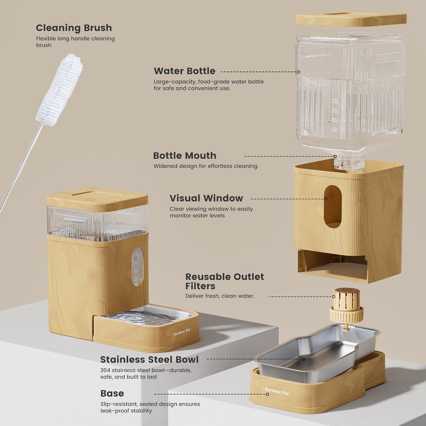 Gardner Pet Automatic Dog Water Dispenser Gravity Waterer with Stainless Steel Bowl Water Dispenser 8.5L Large Capacity Water Feeder with Filters for Dogs Cats Pets, BPA-Free Noise-Free (Brown, 8.5L)