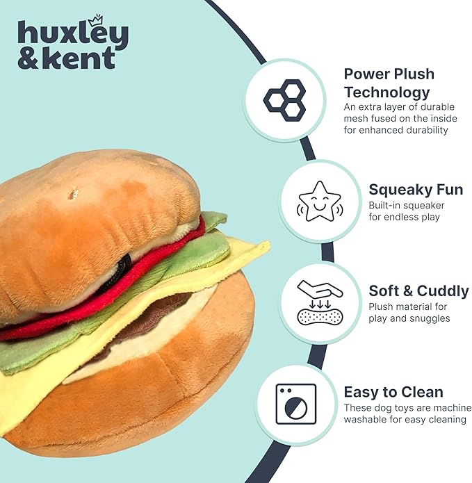 Huxley & Kent Funny Dog Toy w/Squeaker – Power Plush Squeaky Dog Toys for Small, Medium & Large Dogs – Soft Stuffed Animal for Indoor Play & Fetch - Hamburger, Small