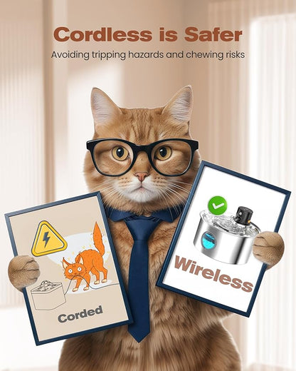 Cat Water Fountain with Motion Sensor: Rechargeable Cat Fountain Wireless - Metal Pet Water Fountain Powered by 4000 mAh Battery - 108oz/3.2L Cordless Animals Water Fountain Inductor -16 Filters