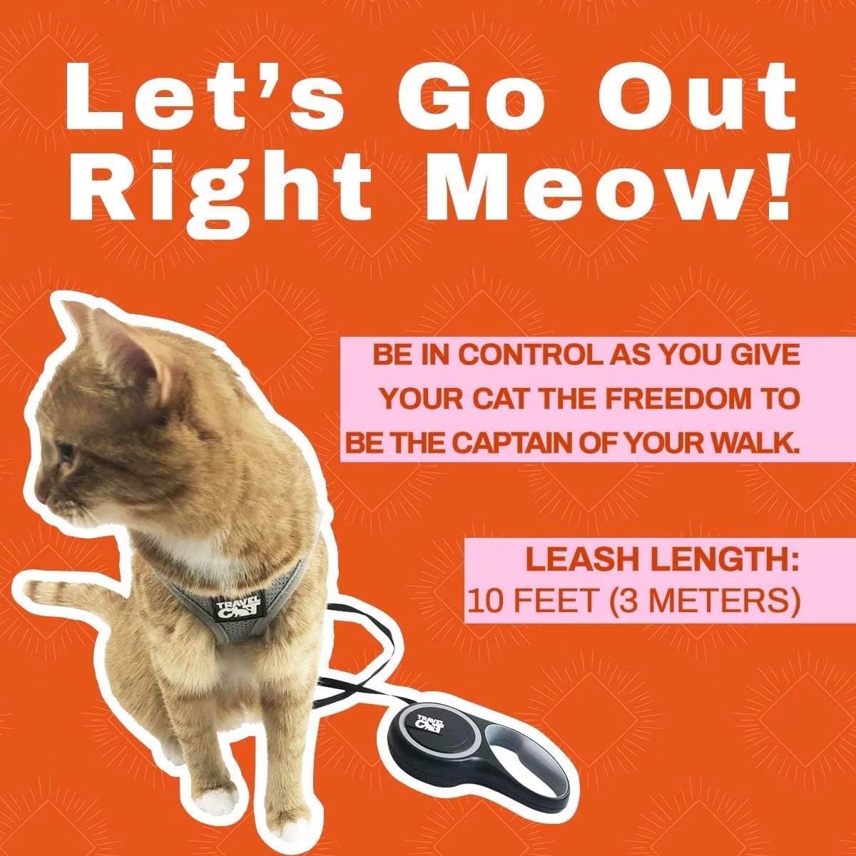 Travel Cat Retractable Expandable Leash - Black 10 Ft Long Strong Tape, Release/Lock Button and Anti-Slip Handle for Small to Large Cats - Light Pet Leash for Walking, Training