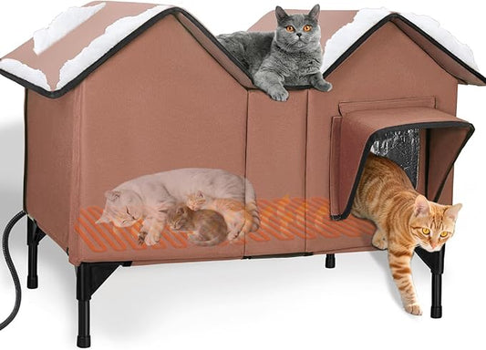 Extra Large Heated Cat House for Outside, Elevated Waterproof Outdoor Cat House Weatherproof for Winter, Insulated Outdoor Cat Shelter with Escape Doors and Heating Pad for Multiple Cats, Brown