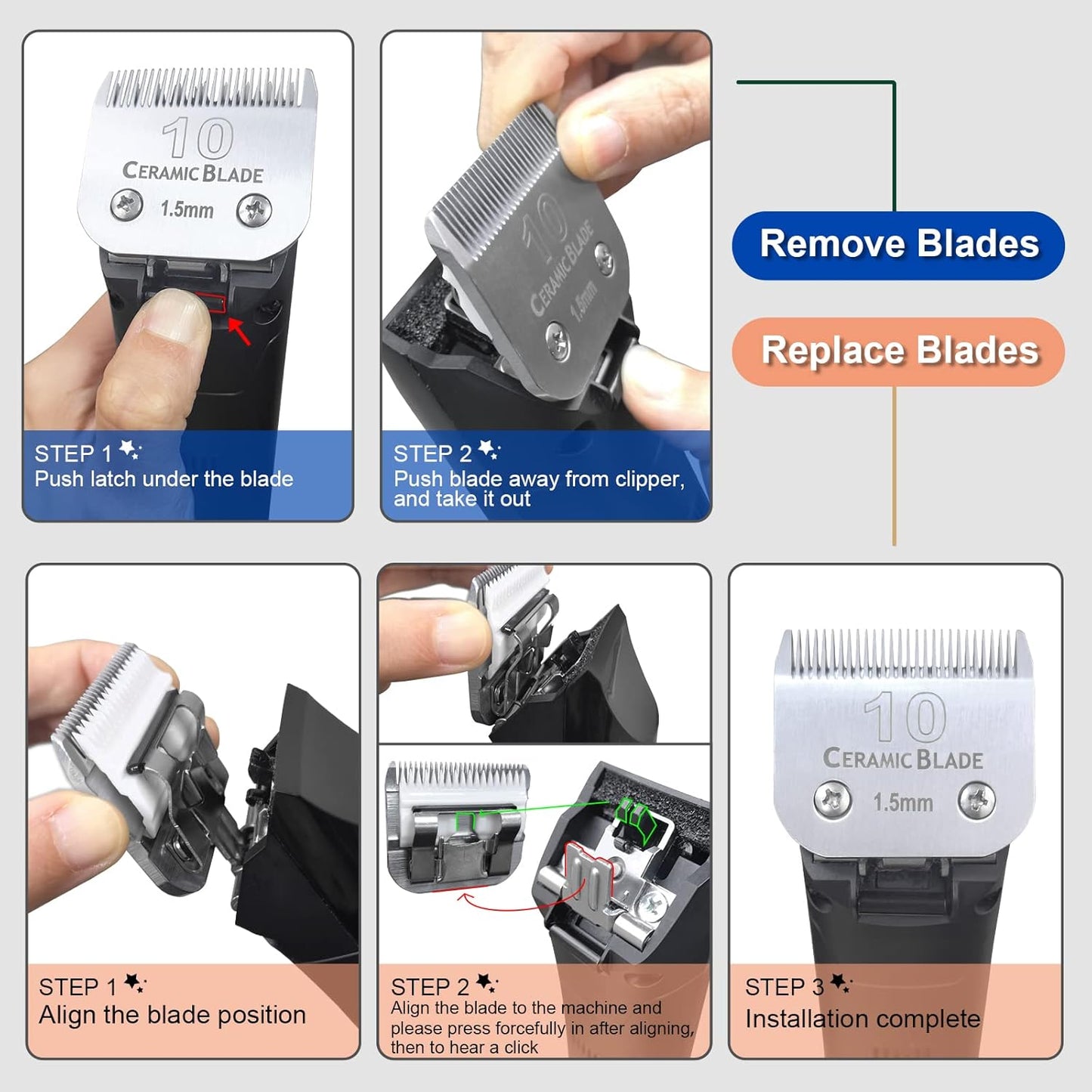 10 Pack Detachable Pet Dog Clipper Blades, Compatible with Andis Size 30 Cut Length 1/50"(0.5mm),Most Oster A5,Wahl KM10 Series Clippers,Made of Ceramic Blade & Stainless Steel Blade