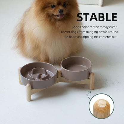 Ceramic 0.9 Cup Raised Slow Feeder Dog Bowl Set, Elevated 5.1inch Water Bowl and 6.1inch Puzzle Slow Pet Food Dish with Wooden Stand for Small Dog and Cat (2 x Brown Coffee+ Stand)