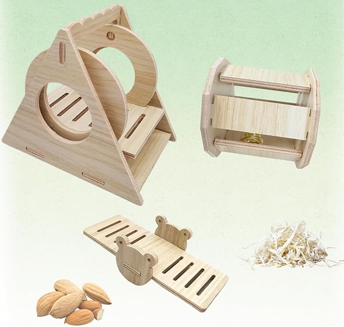 Poplar Wood Hamster Toys Set: Triangle Swing, Frog Seesaw & Bell Roller - Chewable Cage Decor for Dwarf/Syrian Hamsters, Gerbils, Mice (秋千、响铃、跷跷板、)