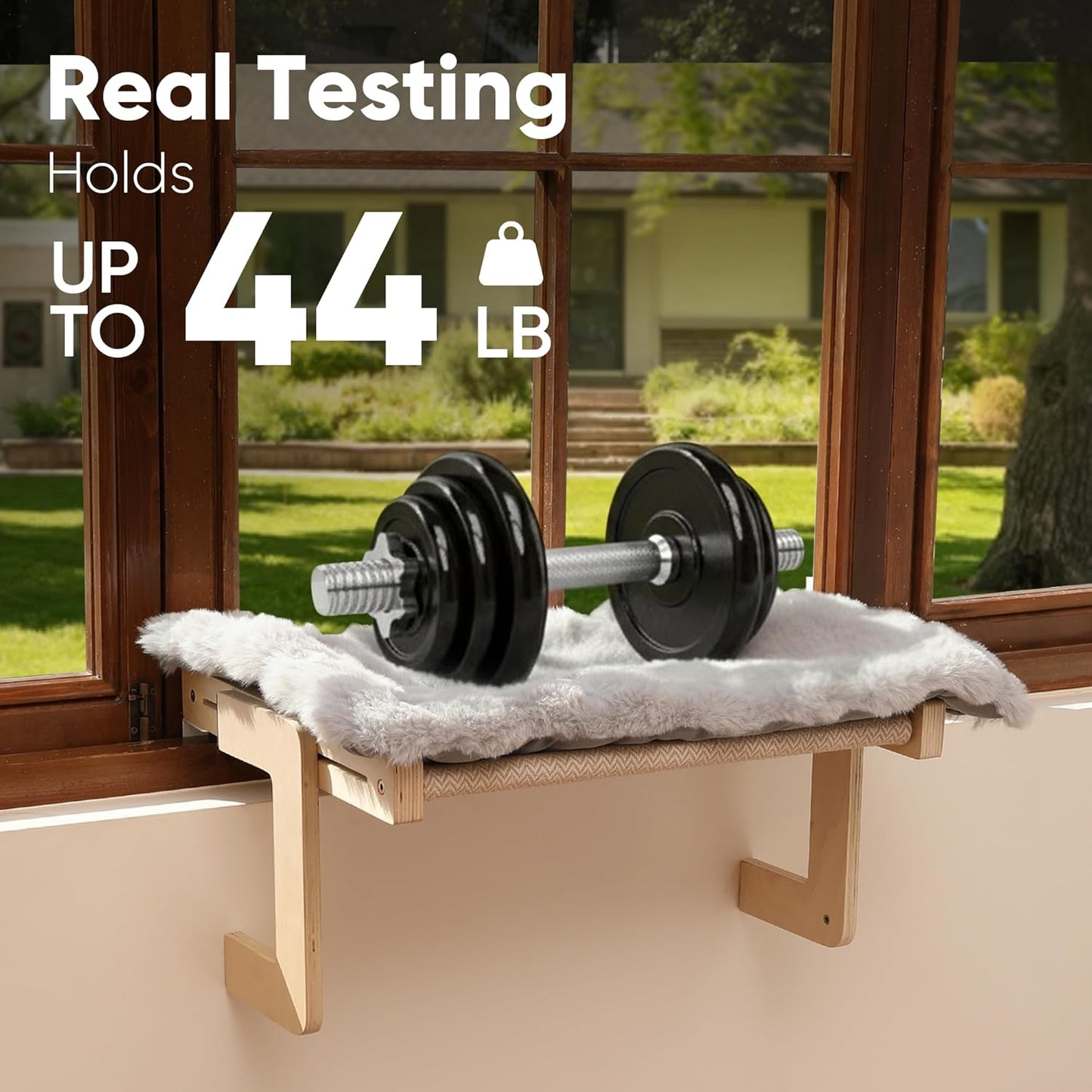 FUKUMARU Cat Window Perch, Transformable Cat Hammock with Fluffy Cushion for Windowsill and Floor, Cats Window Bed for Large Cats and Kittens, Reinforced Wood and Metal Frame, Easy to Adjust Pet Pech