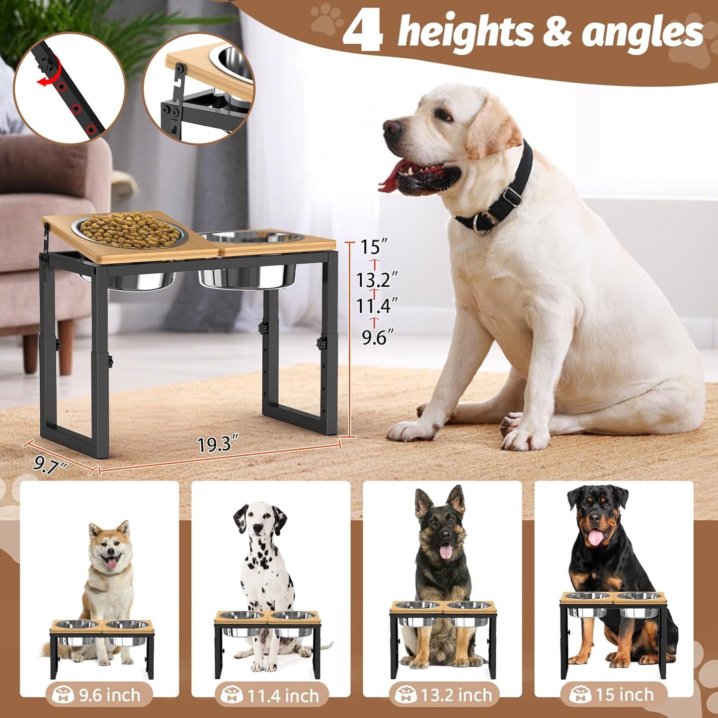 Dog Bowls Elevated, 4 Height (9.6" to15) & Angle (0-20°) Adjustable Raised Dog Bowl Stand, Elevated Dogs Bowl for Medium to Large Sized, Bamboo Feeding Station with 2X 10cups Stainless Steel Dishes