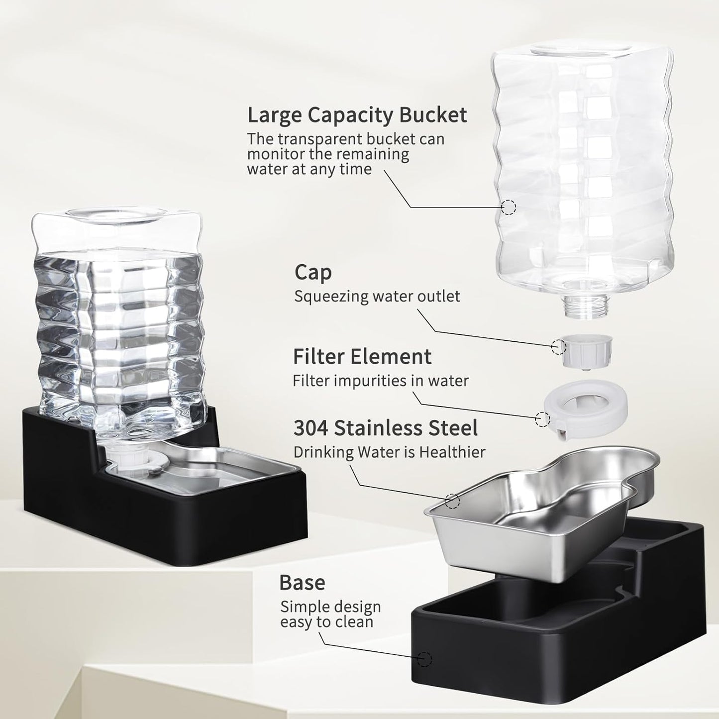 RIZZARI Stainless Steel Pet Water Feeder: 7.5L Black Automatic Leak-Proof Gravity Dispenser for 20-35 LB Dogs with Spinal Problems - with Filter - Ideal for Bedroom Living Room