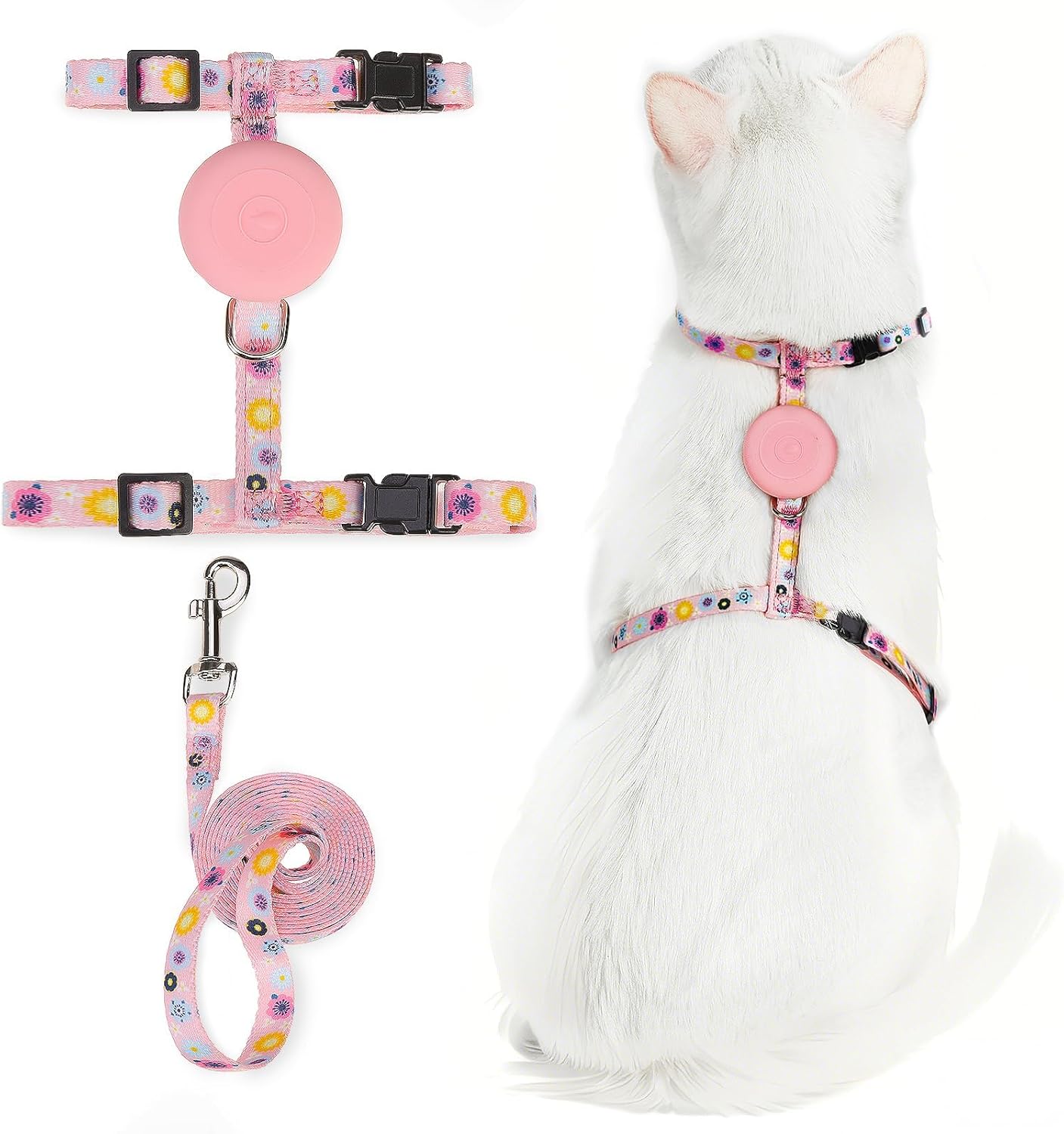 PUPTECK Adjustable Cat Harness and Leash Set Escape Proof Kitten Strap Collar for Walking Travel, Floral Pattern