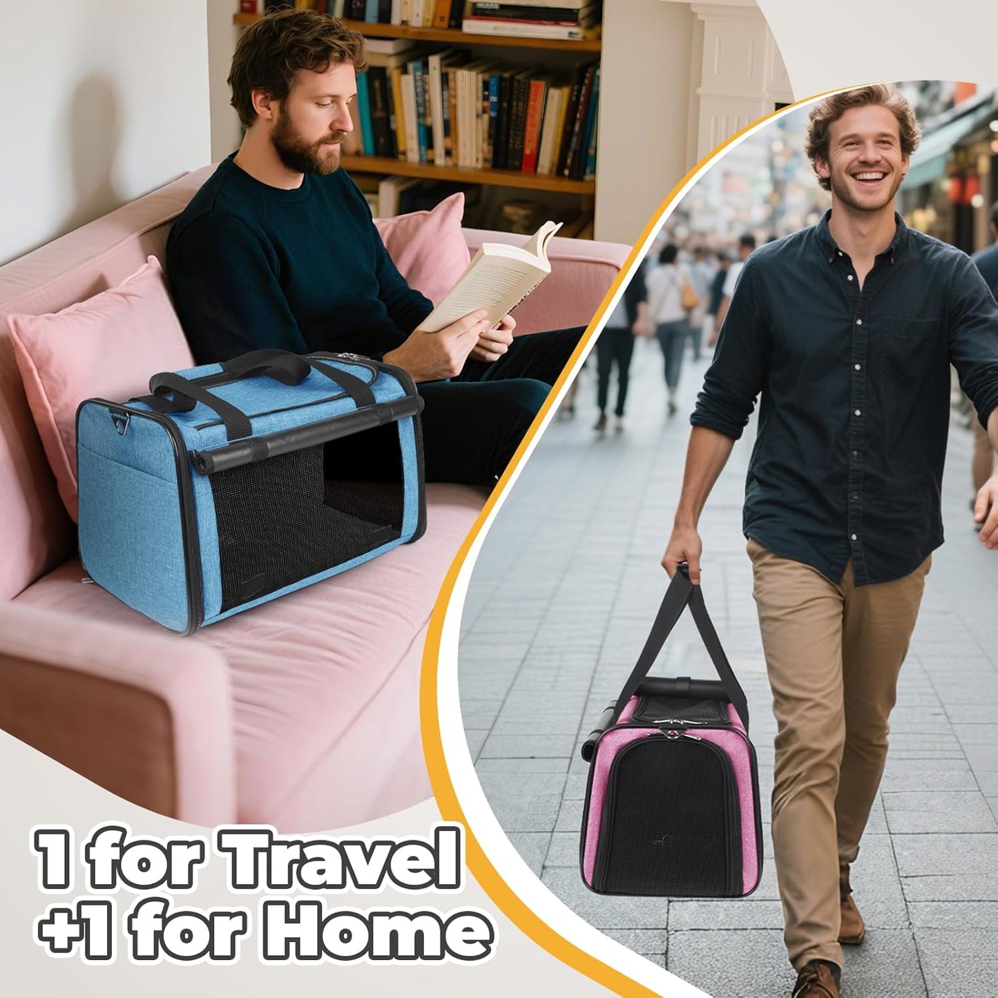 YUDODO 2 Packs 25 lbs Lightproof Soft Sided Pet Carrier for Large Cat & Small Dog Airline Approved Travel Bag Puppy Carriers with Side Pockets & Reflective Mesh, Foldable Portable Pink+Lake Blue