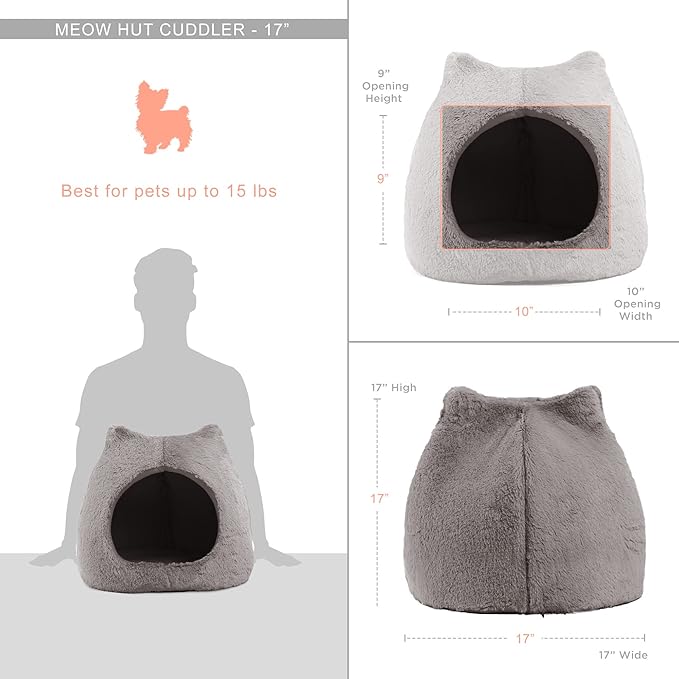 Best Friends by Sheri Meow Hut Fur Dome Pet Bed – Covered Cat Cave for Cats & Small Dogs up to 15 lbs, Faux Fur Hideaway with Water-Resistant Bottom, Machine Washable, Gray