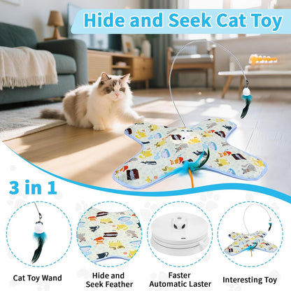 3 in 1 Interactive Kitten Toys for Indoor Cats with Moving Feather,Interesting Cat Toy for Exercise and Play,Hide and Seek Concealed Moving Feather Wand,Cat Enrichment Toys for Bored Indoor Adult Cats