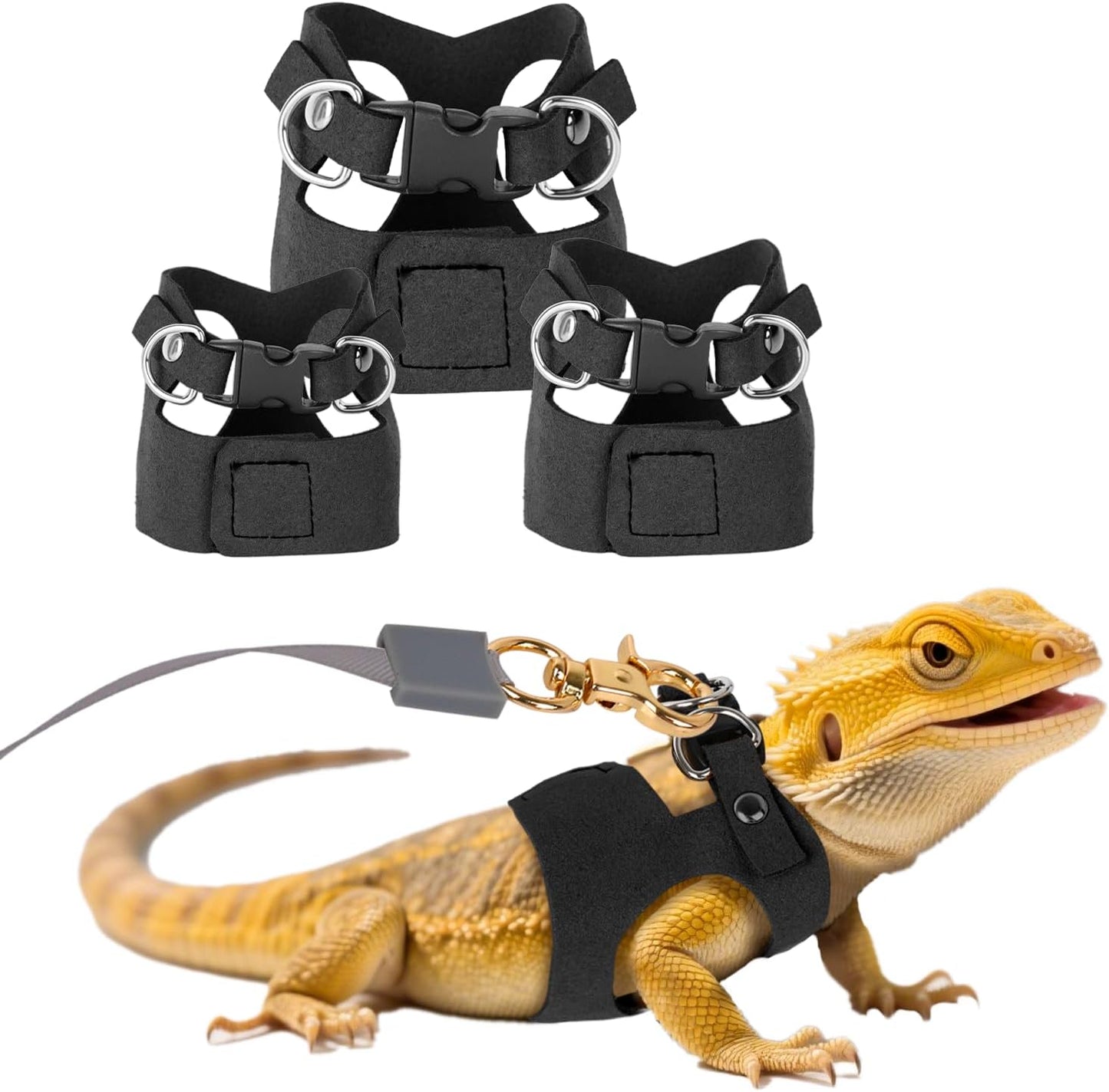 3 Pack Bearded Dragon Harness and Leash Set, Bearded Dragon Leash, Soft Leather Harness with 6.56FT/2M Retractable Leash, Small Animal Easy Walk Harness for Ferret, Rabbit, Hamster, Lizard (Black)