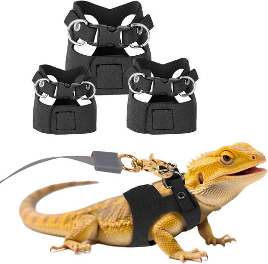 3 Pack Bearded Dragon Harness and Leash Set, Bearded Dragon Leash, Soft Leather Harness with 6.56FT/2M Retractable Leash, Small Animal Easy Walk Harness for Ferret, Rabbit, Hamster, Lizard (Black)