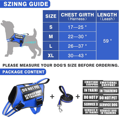 Service Dog Vest Harness and Leash Set+10 Patches,No Pull&Easy Walk Reflective Dog Harness with Soft Padded Handle for Training/Everyday,Fit Small/Medium/Large/Extra-Large Dogs (Blue M)