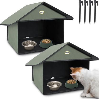 Dreyoo 2 Pack Outdoor Cat Feeding Station for Food & Water, Weatherproof Outdoor Kitty Dining Room Cat Shelter for Stray, Feral Cats and Community Cats, 13”d x 17”w x 15.5'h (Dark Green)