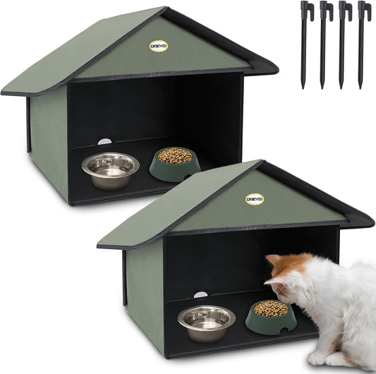 Dreyoo 2 Pack Outdoor Cat Feeding Station for Food & Water, Weatherproof Outdoor Kitty Dining Room Cat Shelter for Stray, Feral Cats and Community Cats, 13”d x 17”w x 15.5'h (Dark Green)