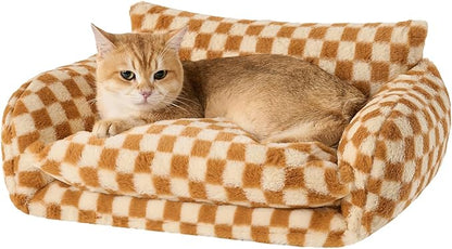 Hollypet Cat Bed Fluffy Plush Mutifuctional Double-Layer Soft Pet Couch Orthopedic Sofa Nest Beds for Small Cats and Dogs, Brown and Light Yellow (21x15x8 inch)