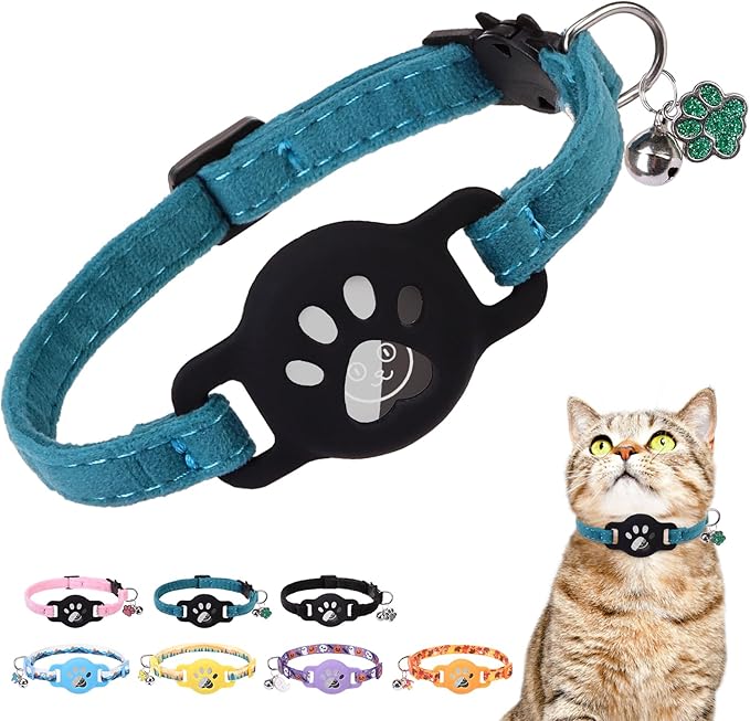 AirTag Cat Collar with Bells, Soft Velvet Cat Collar Breakaway with Airtag Holder, Safety Cat GPS Tracker Collars for Girl Boy Cats, Kittens and Puppies, Adjustable 8"-12"