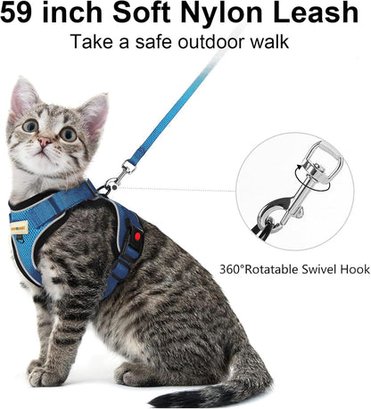Cat Harness and Leash for Walking, Retractable Cat Harnesses and Leash Set Escape Proof, Breathable Soft Kitten Small Large Harness for Travel Training and Walking, Blue, S