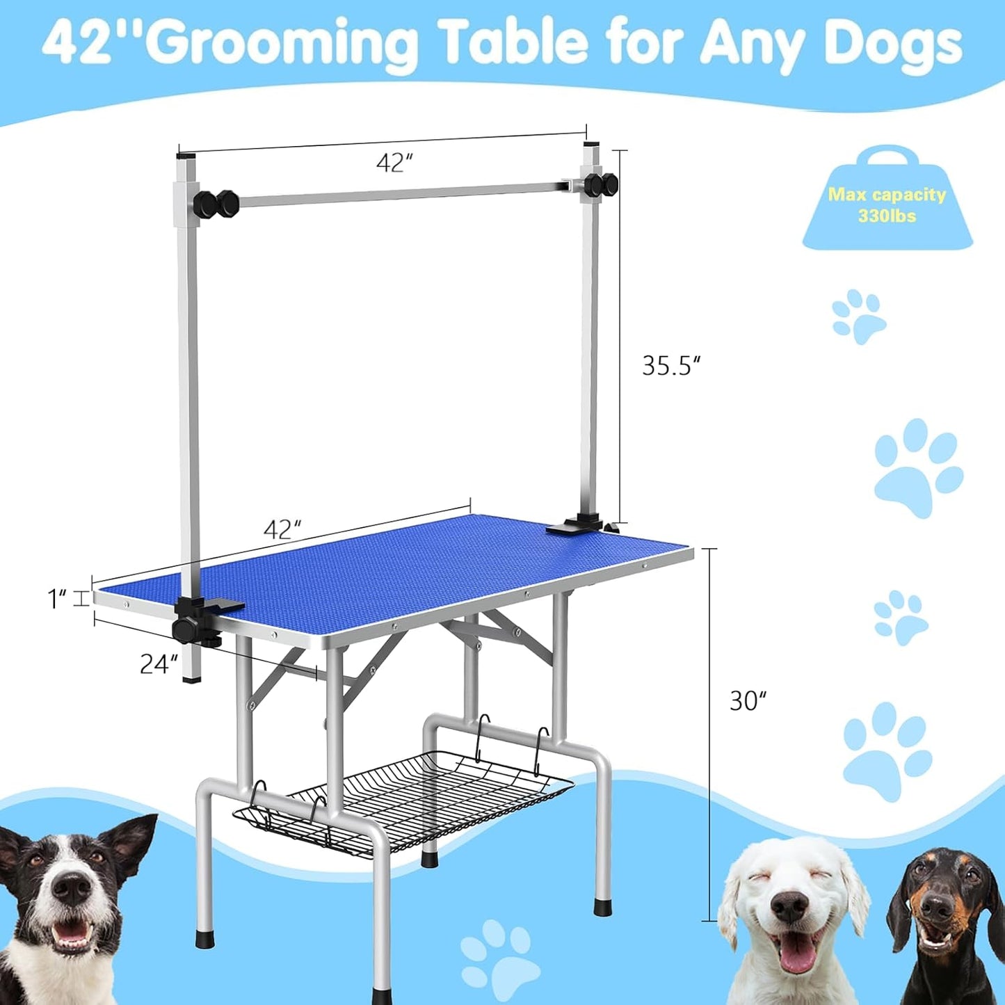 Lyromix 42''Large Dog Grooming Table, Adjustable Cat Drying Desktop with Arms, Nooses, Mesh Tray, Foldable Pet Station at Home, Maximum Capacity Up to 330Lb, 42inch, Blue