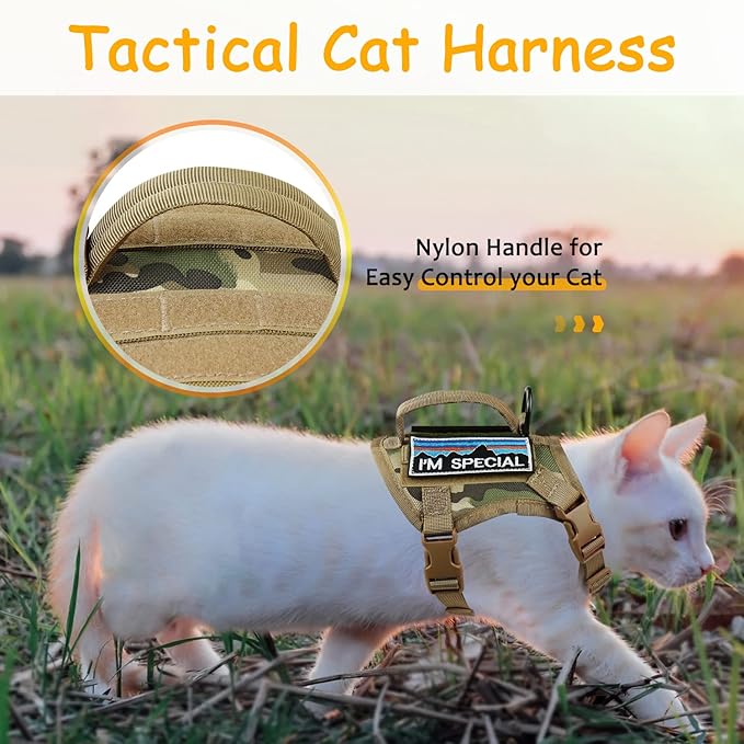 Tactical Cat Harness for Walking, Adjustable Escape Proof Pet Vest for Large Cat,Easy Control Breathable Cat Vest with Handle，Molle Patches (camo Khaki, L)