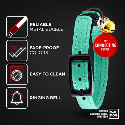 Leather Cat Collar with Bell and Safety Elastic Strap Breakaway Alternative for Small & Large Kittens, Stylish Pet Leather Collar for Boy, Girl Cats with Metal Buckle & QR ID Tag (Mint)