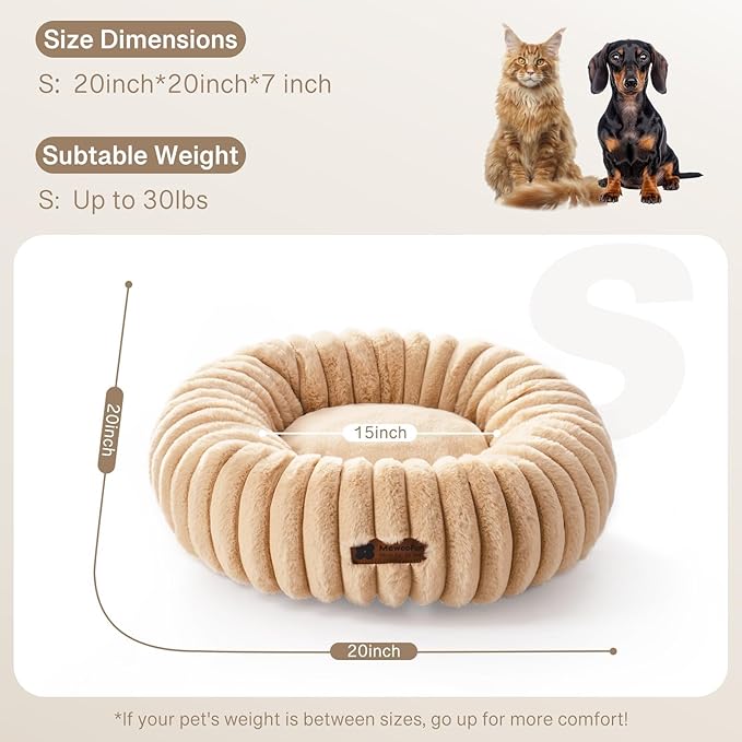 MEWOOFUN Donut Dog Beds for Small Dog, Calming Bed Round Cute Puppy Bed with Non-Slip Bottom, Fluffy Washable Pet Bed for Puppy and Kitten (Light Brown, S (25x25x7))