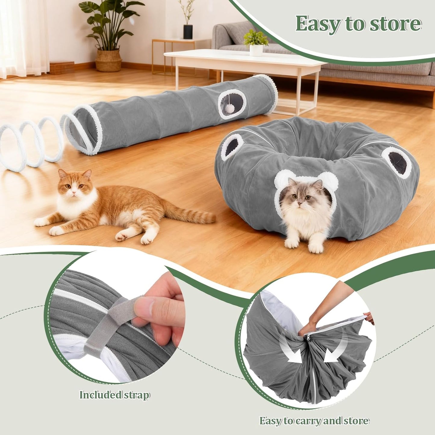 Ownpets 2-in-1 Cat Tunnel Bed, Lollipop Shape Large Cat Tunnel Toy, Plush Foldable Cat Cave Hideout Donut Tunnel for Kitten Rabbit Ferret, Grey