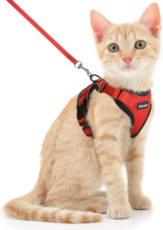 Dooradar Cat Harness and Leash Set, Escape Proof Safe Adjustable Kitten Vest Harnesses for Walking, Easy Control Soft Breathable Mesh Jacket with Reflective Strips for Cats, Reddish Orange, S