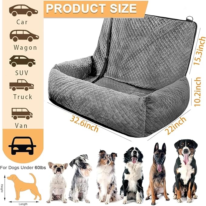 Sephyroth Velvet Dog Car Seat - Medium/Large Dogs - Back Seat Compatible, 60 lbs Max, Safety Belt