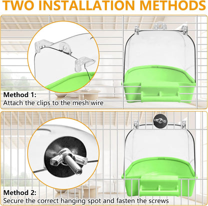 Tfwadmx 3Pcs Bird Bath for Cage Hanging Parakeet Bath Box Clear Bird Bathtub Water Shower Food Feeder Bathing Tub for Cockatiel Conure Canary Budgies