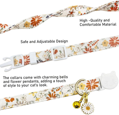 2 Pack Cotton Breakaway Cat Collars Set with Bell and Flower Pendant, Cute Floral Fruit Patterned, Adjustable 7.5-11Inch, Include A Mouse Toy Gift