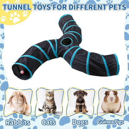 Pet Cat Tunnel, Angled 3-Way Junction Tunnels for Indoor Cats, Collapsible Pet Tunnel for Kitten, Puppy, Rabbit, 25cm-Wide Tunnels, Durable & Breathable, with Peek Hole Toy Ball