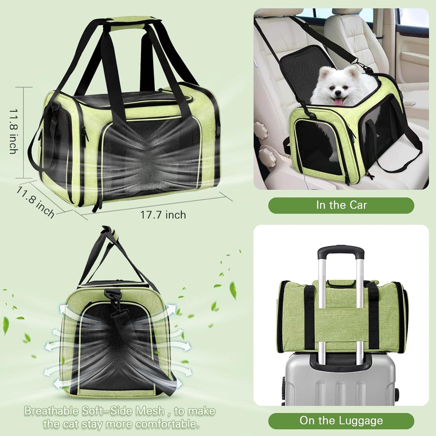 Cat Carrier Soft-Sided & Folding Travel Litter Box for Cats, Fit 20Lbs Pets, 17.7' * 11.8 * 11.8 inches Cat Bag for Traveling & Camping, Indoor & Outdoor, Cat Travel Carrier Kit - Green