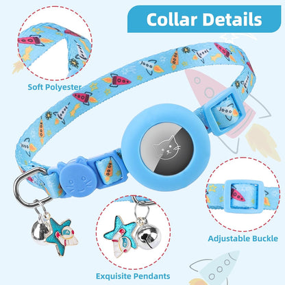 PUPTECK Airtag Cat Collar Breakaway 2 Pack with Bells, Reflective Kitten Collar with Air Tag Holder for Boy Girl Kitty and Puppies, Soft, Blue