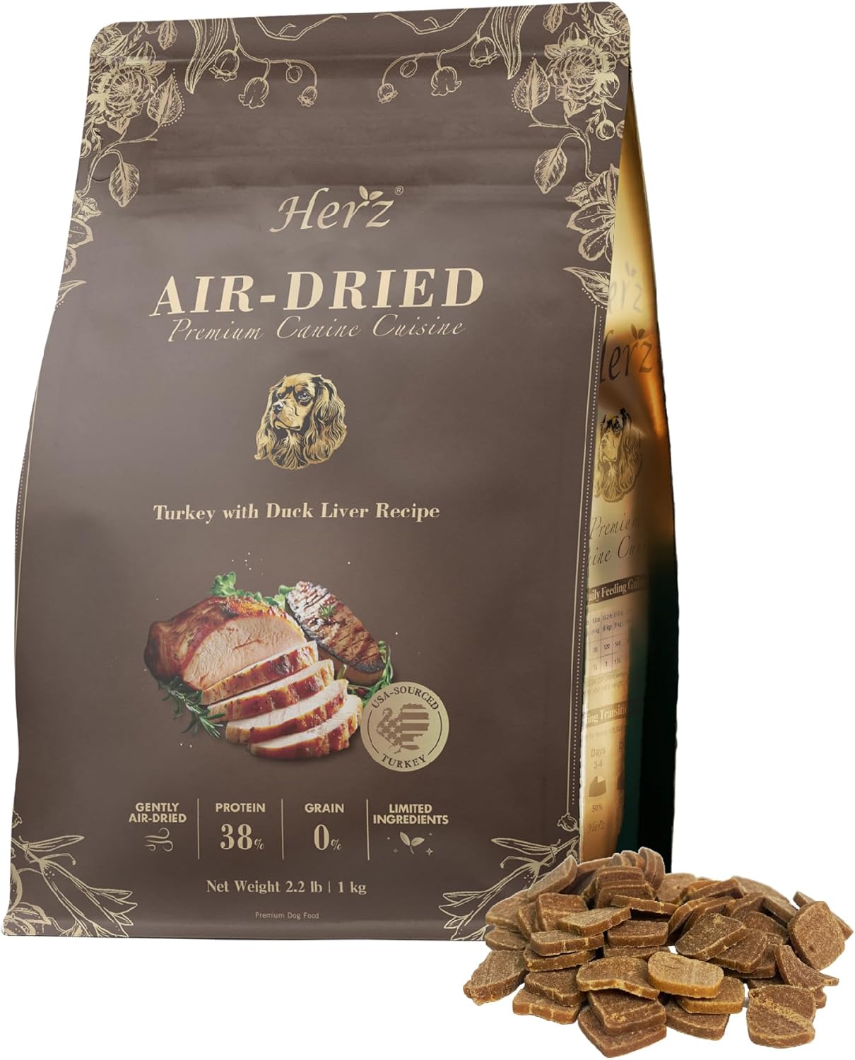 Herz Air-Dried Dog Food Turkey & Duck Liver Recipe 2.2 lb, All-Natural, High-Protein, Grain-Free, Limited Ingredients, Complete & Balanced, Premium Canine Cuisine
