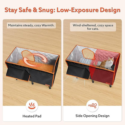 Heated Outdoor Cat House for Outside Winter 100% Waterproof Oxford Tarpaulin with Safe Escape Door and 5" Elevated Base with Heater for Feral Barn Cat Kitty (26“x20”x14“)