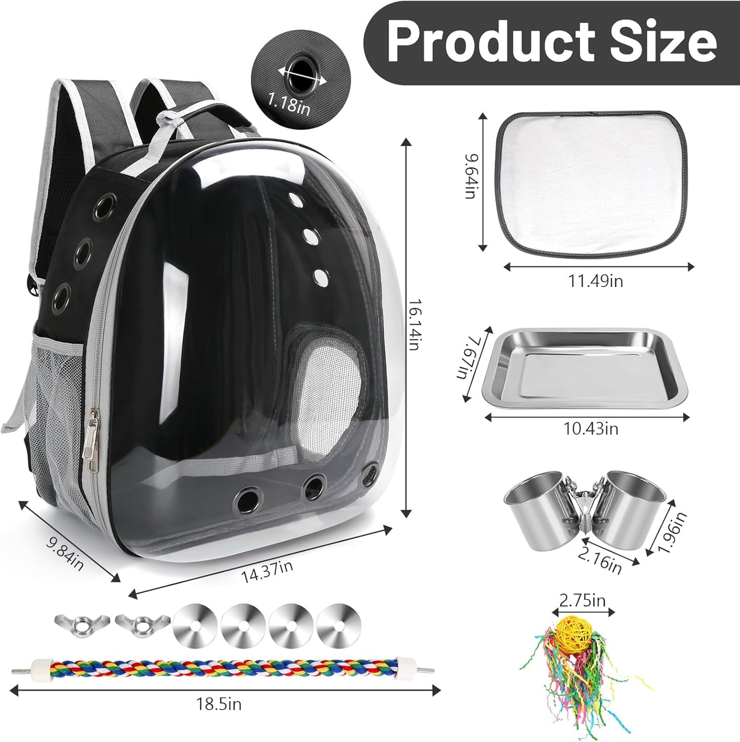 Bird Backpack Carrier, Travel Bird Cage for Small Medium Size Parrot Parakeet Budgies Cockatiel, Portable Clear Bubble Window Bag with Stainless Steel Tray Food Bolw Standing Perch (Black)
