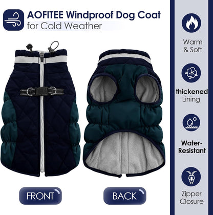 AOFITEE Dog Coat, Warm Dog Jacket, Reflective Winter Coats for Medium Dogs, Turtleneck Dogs Winter Jacket with Harness Built in, Waterproof Windproof Pet Fleece Vest Puffer Jacket, Navy M