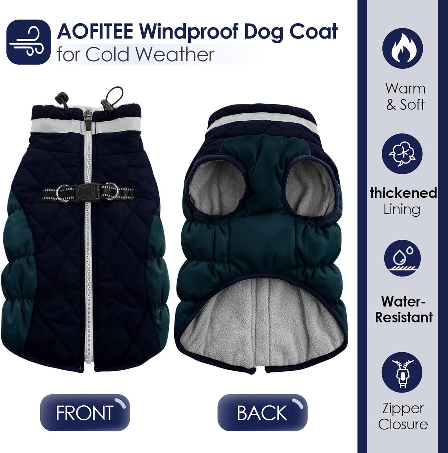AOFITEE Dog Coat, Warm Dog Jackets for Small Dogs, Dogs Winter Coat with Harness Built in, Reflective Pet Winter Jacket, Waterproof Windproof Puppy Puffer Jacket Fleece Vest, Navy XS