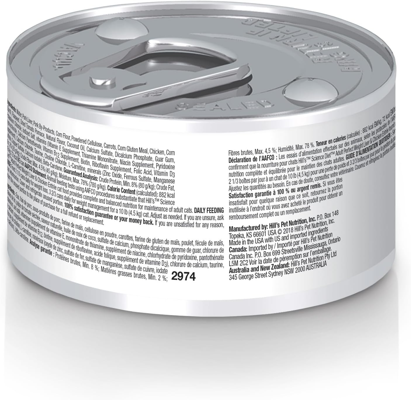 Hill's Science Diet Perfect Weight, Adult 1-6, Weight Management Support, Wet Cat Food, Liver & Chicken Minced, 2.9 oz Can, Case of 24