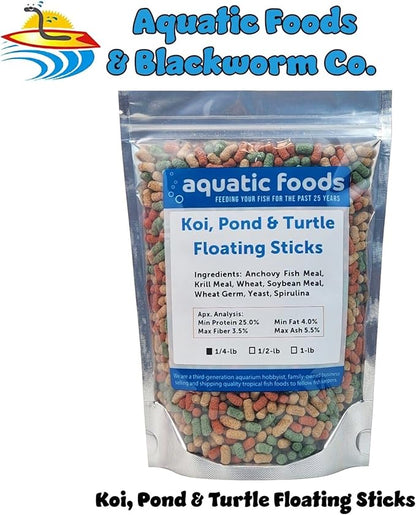 Aquatic Foods Inc. Koi, Pond & Turtle 7/16" x 5/32" 25% Protein Floating Sticks. Spirulina, Color Enhancing & Wheat Germ Sticks for Koi, All Pond Fish, Aquatic Turtles...WL…1/4-lb Foil Pouch Bag