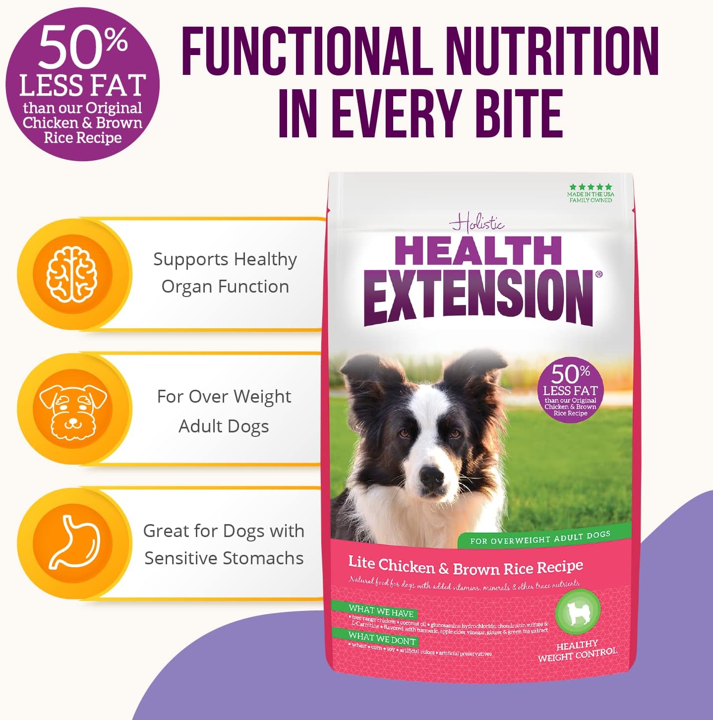 Health Extension Lite Chicken & Brown Rice Dry Dog Food, Low Fat Formula Supports Healthy Weight, with Probiotics & Superfoods for Digestion & Coat Health (30lb)