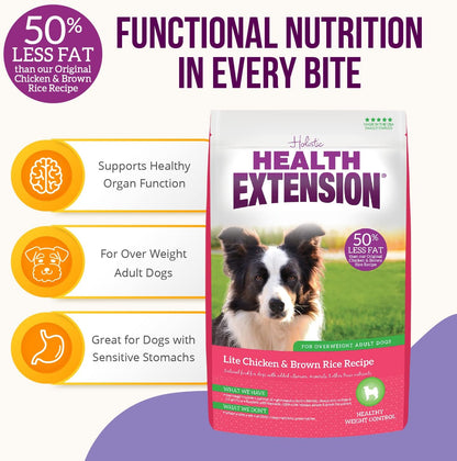 Health Extension Lite Chicken & Brown Rice Dry Dog Food, Low Fat Formula Supports Healthy Weight, with Probiotics & Superfoods for Digestion & Coat Health (30lb)