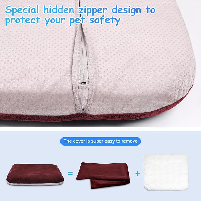 Magic Dog Super Soft Extra Large Dog Bed, 47 Inches Jumbo Orthopedic Foam Pet Beds with Anti Slip Bottom, Dog Sleeping Mattress with Removable and Washable Cover, Burgundy XL,47'' X 39'' X 3.7''