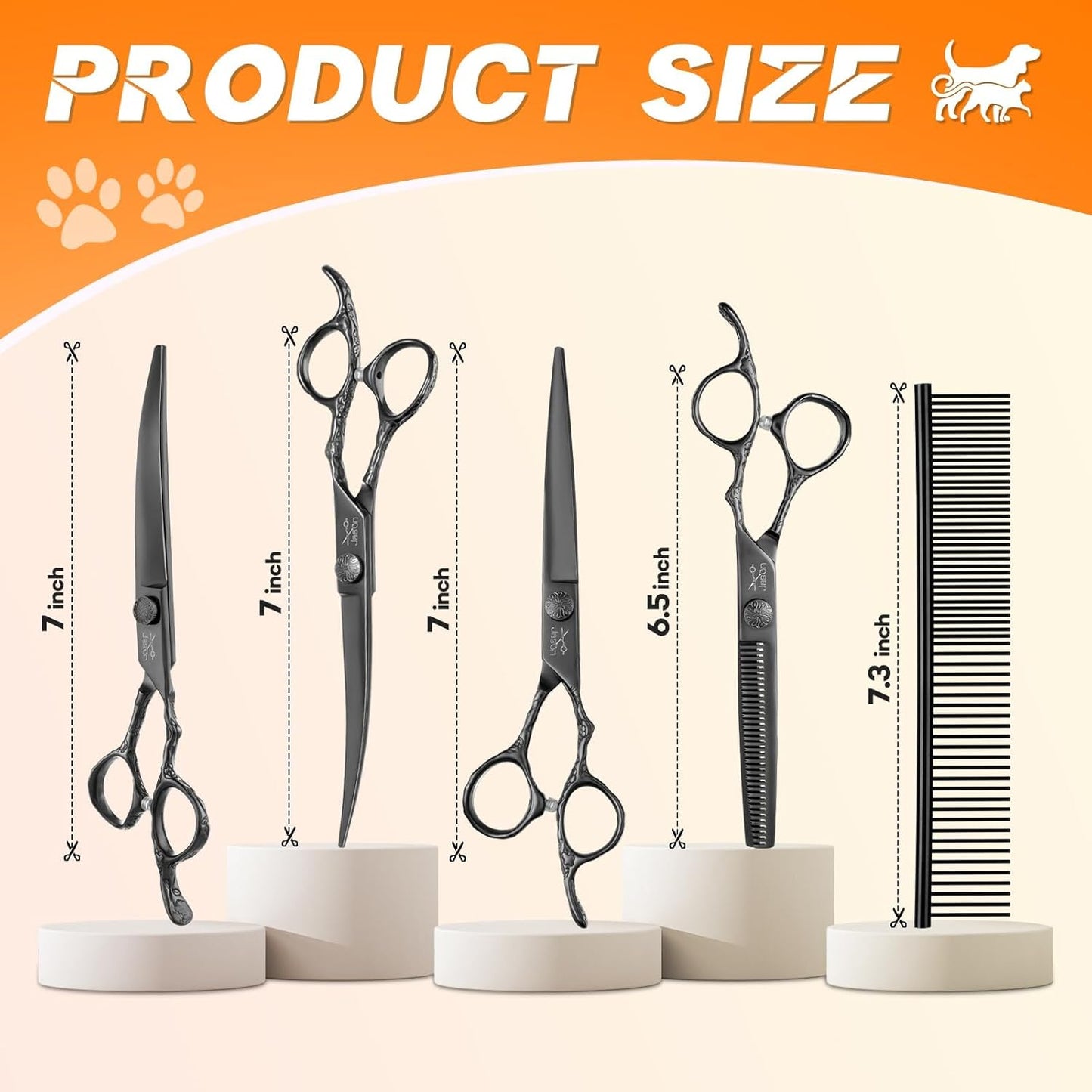 JASON Professional Dog Grooming Scissors Set - 6 in 1 Dog Shears Kit with 6.5" Thinning, 7" Straight, 7" Up-Curved, 7" Down-Curved Shears and Comb for Cat and Pet, Adjustable Screw (Black)