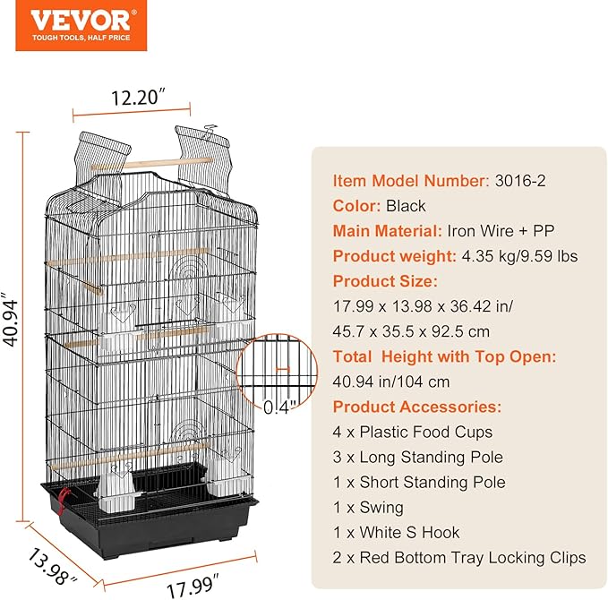 VEVOR 41-inch Open Top Large Parrot Bird Cage, Hanging Bird Cage for Parakeets Finches Canaries Lovebirds Cockatiels Budgies Small Quaker Conures Travel Pet Flight Birdcage with Swing and Perch