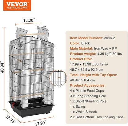 VEVOR 41-inch Open Top Large Parrot Bird Cage, Hanging Bird Cage for Parakeets Finches Canaries Lovebirds Cockatiels Budgies Small Quaker Conures Travel Pet Flight Birdcage with Swing and Perch