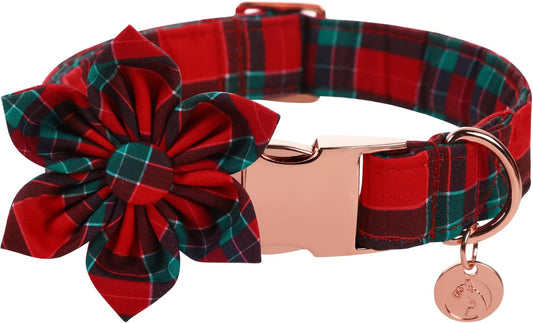 DOGWONG Christmas Dog Collar with Flower, Red Plaid Dog Collar Soft Durable Adjustable Cotton Red Green Tartan Puppy Collar for Small Medium Large Dog